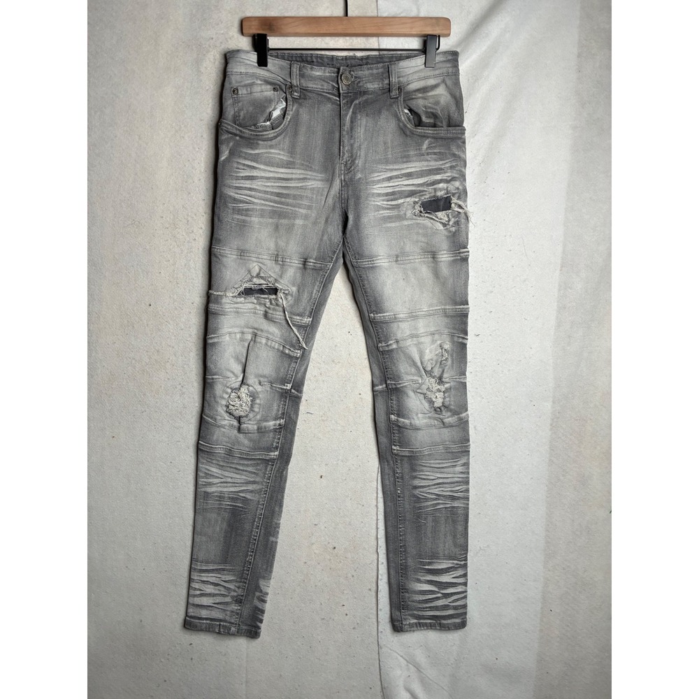 Taker Mens Grey Distressed Moto Skinny Jeans Ripped Biker Denim 32x32